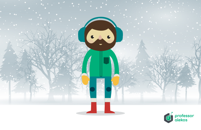 Homem agasalhado em meio à neve num inverno rigoroso, com árvores ao fundo. A física explica a troca térmica que ocorre ao procurarmos nos manter aquecidos.