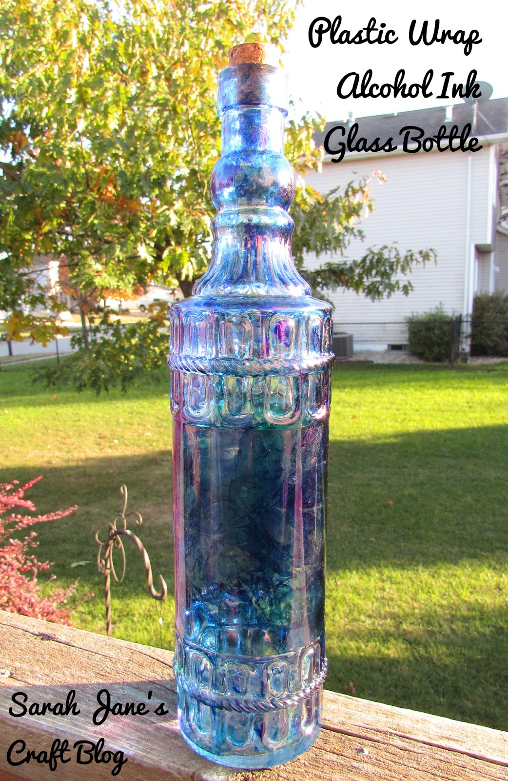 Sarah Jane's Craft Blog Alcohol Ink and Plastic Wrap on a Glass Bottle