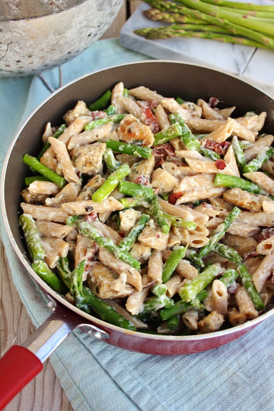 Creamy Chicken and Asparagus with Whole Grain Pasta and Bacon