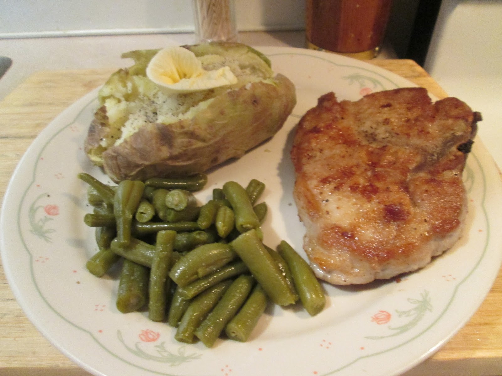Diab2Cook Fried Pork Chop w/ Green Beans, Baked Potato, and Whole