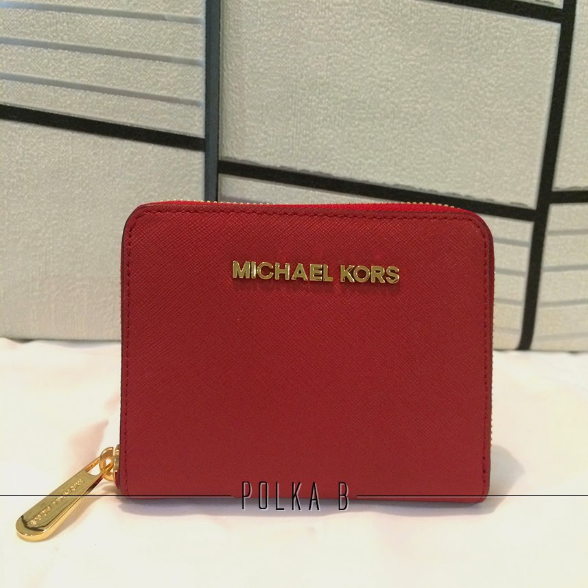 Michael Kors Set Medium Zip-Around Saffiano Leather Wallet - Red | Polka B - Authentic Luxury You Can