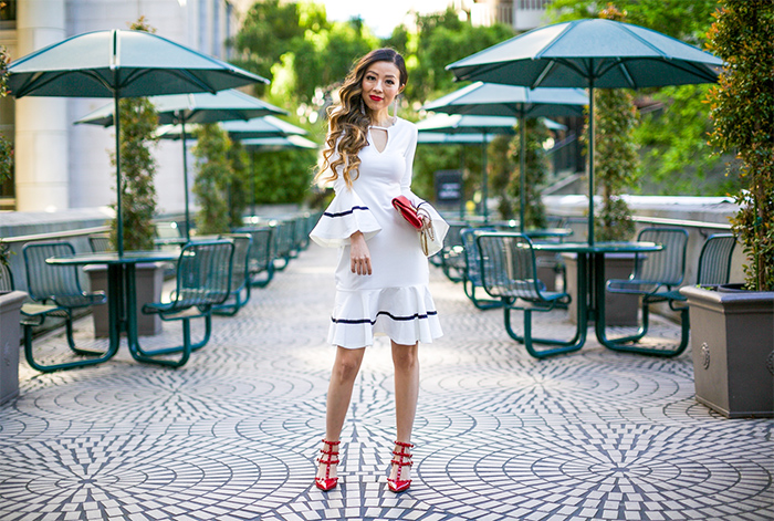 little white dress, bell sleeve and flared hem little white dress, bell sleeve little white dress, valentino heels, baublebar dangler earrings, saint laurent clutch, spring outfit ideas, date night outfit ideas, san francisco fashion blog, san francisco street style
