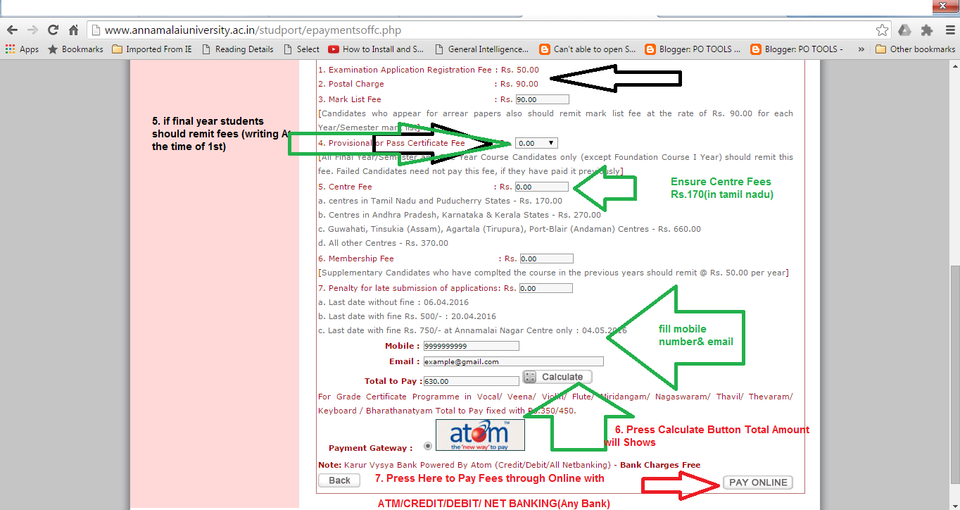 ANNAMALAI UNIVERSITY ONLINE Exam Fee Payment StepbyStep Procedure