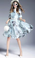 New 2017 Short Sleeve Black Floral Light Blue Flare Dress