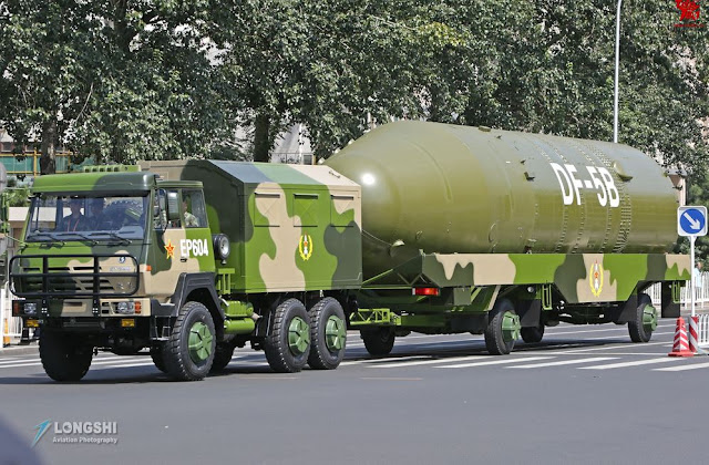 DF-5B second-stage and warhead carried inside a canister container during the parade