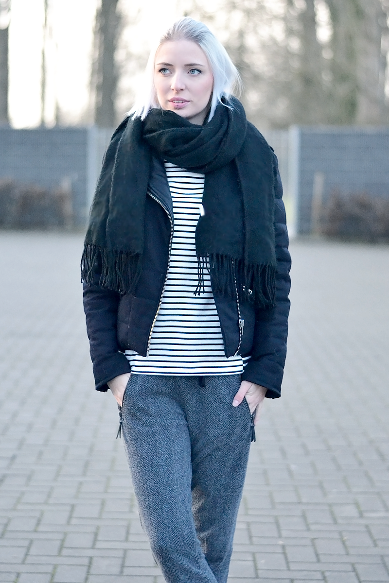 The kooples jacket, topshop scarf, acne canada inspired, Cos striped top, zara joggers, superga sneakers, outfit, belgian fashion blogger, belgische mode blogger
