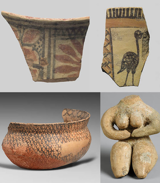 Cerámica pertenecientes a la cultura Halaf y Ubaid. Nótese el impresionante nivel de detalles y la falta de cabeza de la estatuilla humana. Cerámica pertenecientes a la cultura Halaf y Ubaid. Nótese el impresionante nivel de detalles y la falta de cabeza de la estatuilla humana.