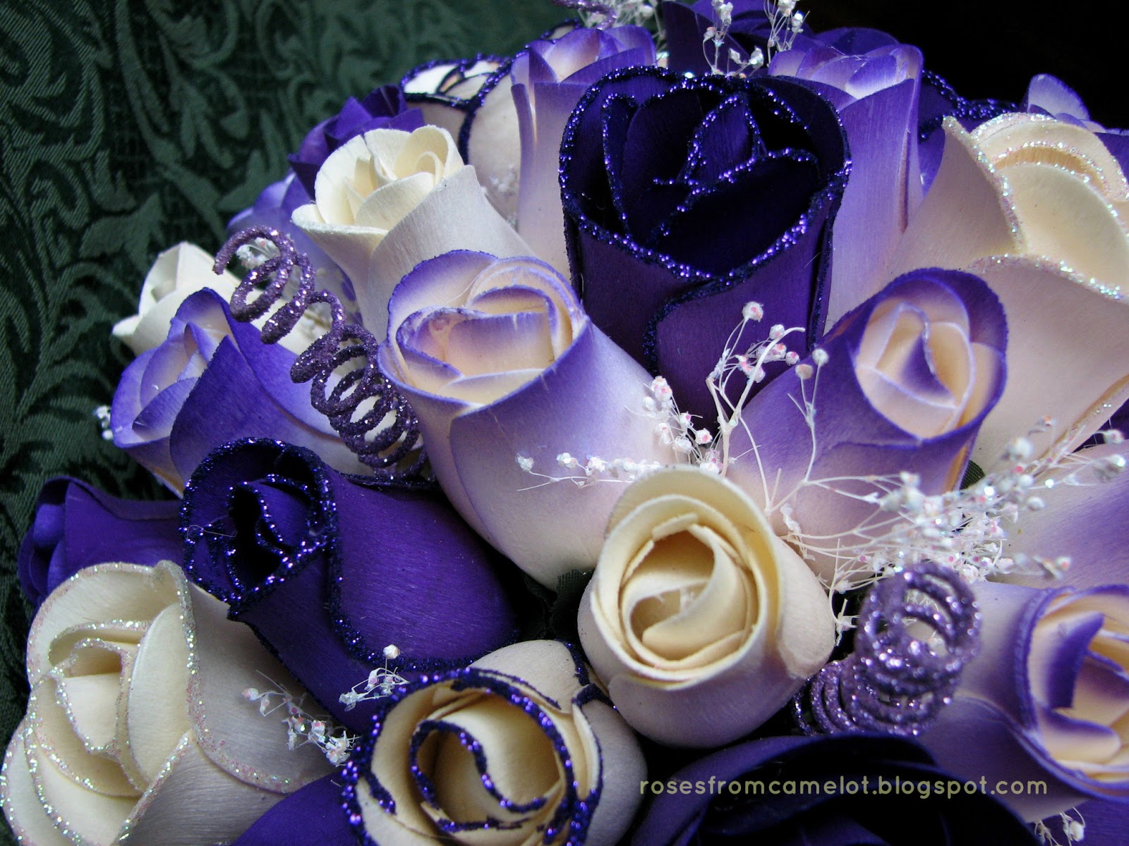 Wooden Roses from Camelot Purple and White glitter bouquet