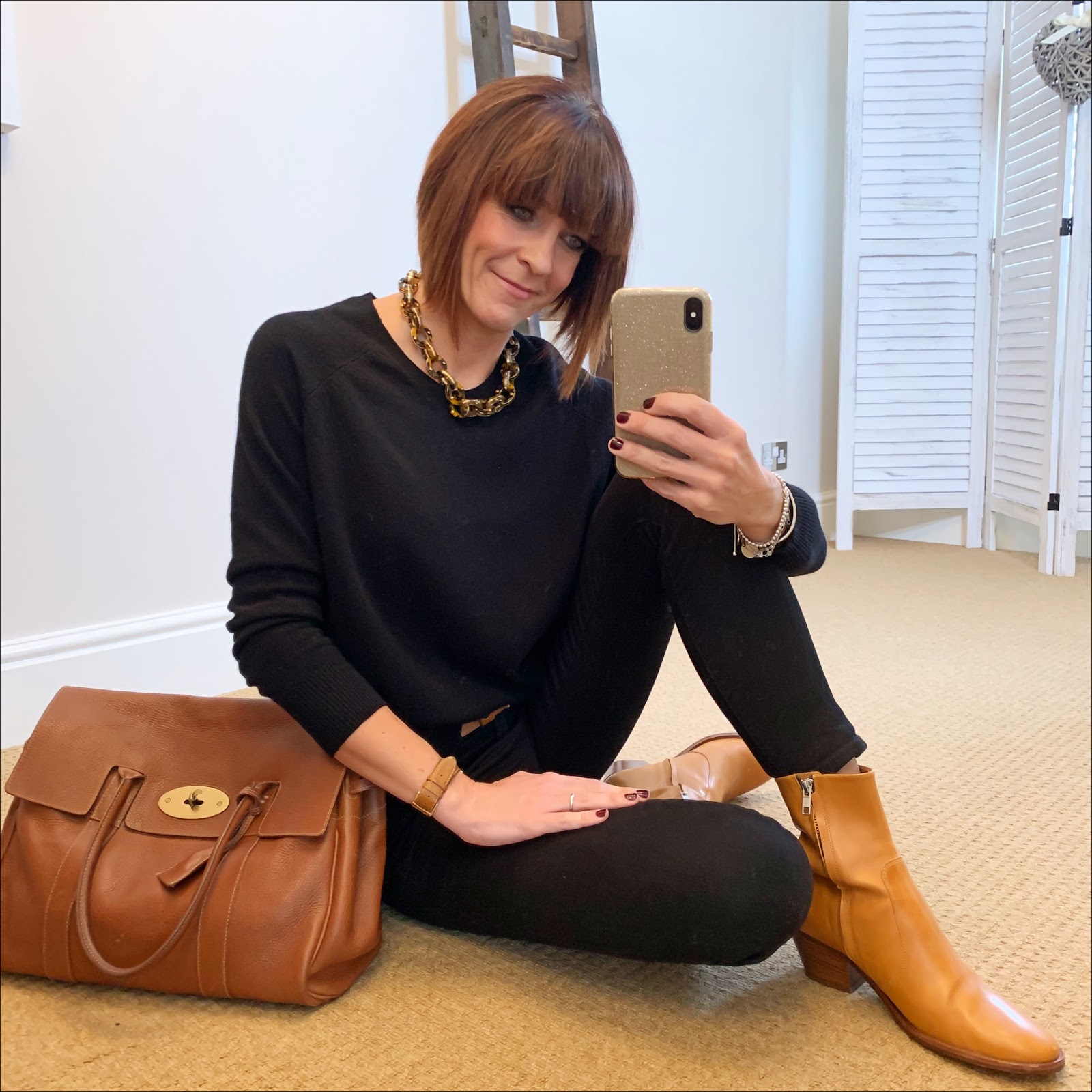 my midlife fashion, j crew tortoise link necklace, hush cashmere boyfriend jumper, massimo dutti tan leather belt, j crew i stretchy toothpickjeans in true black, mulberry bayswater, isabel marant etoile tan leather block heel ankle boots