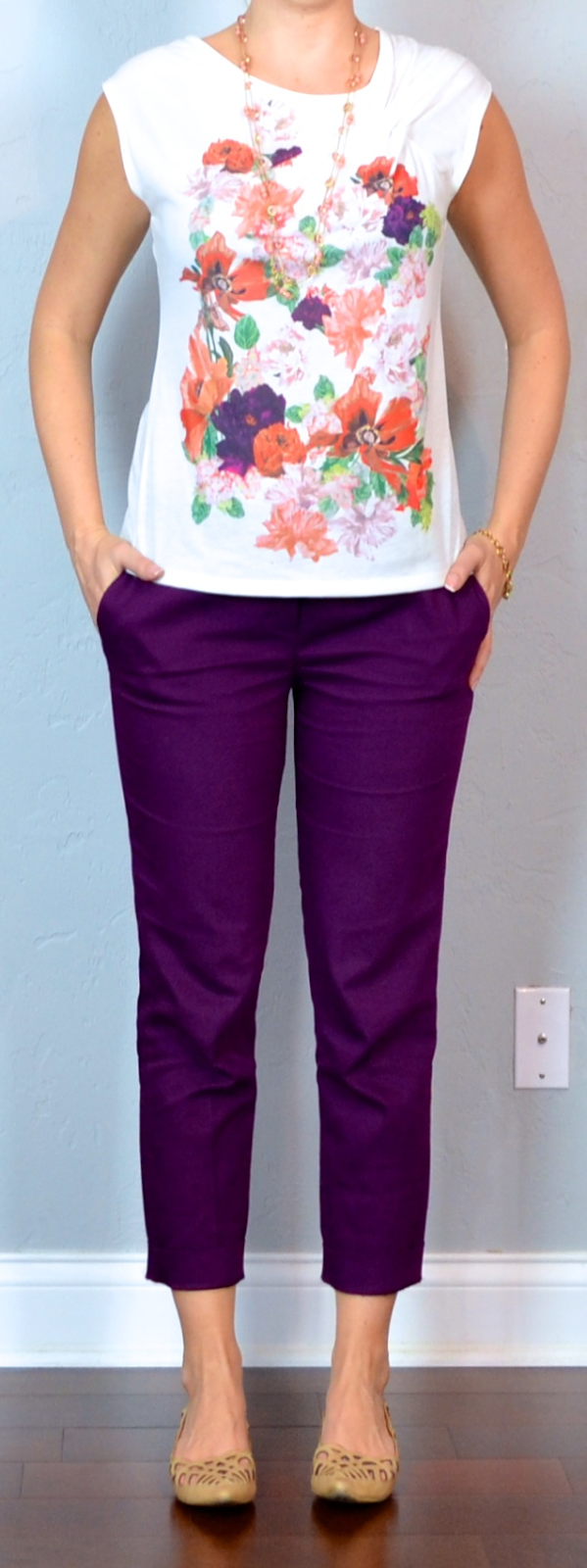 outfit post: floral top, purple cropped pants, cutout flats