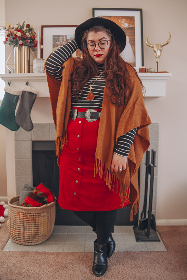 brown shawl, black fedora, striped mock neck, orange midi skirt, winter outfit