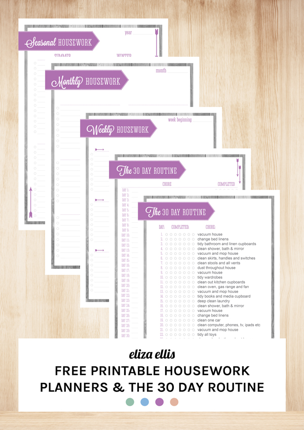 Free Printable Home Organizer - Weekly, Monthly and Seasonal Housework Planners and The 30 Day Housework Routine by Eliza Ellis