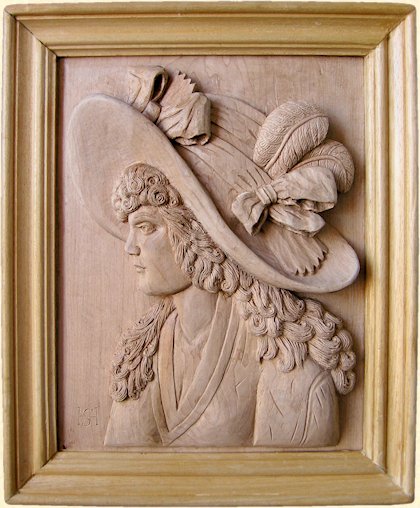 Tamaño (sin marco): 37 x 29 cm. Madera de arce Dama con sombrero. Talla en madera