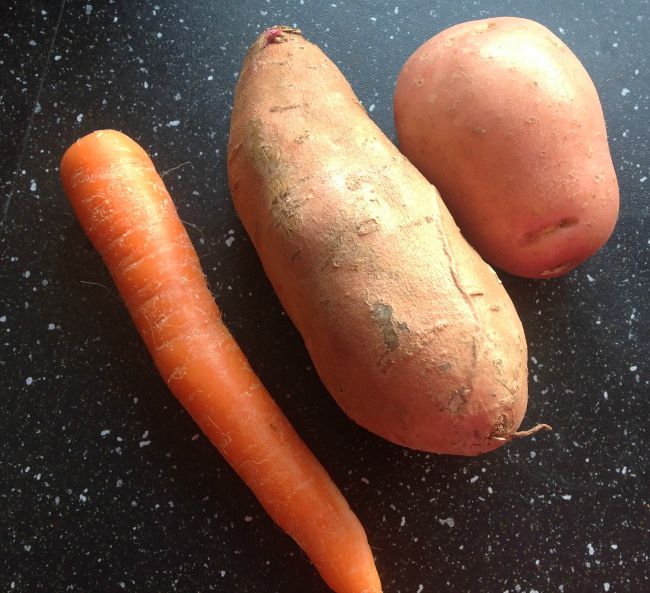 unprepared vegetables, potato, sweet potato and carrot