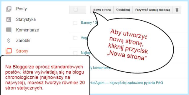 Publikowanie, dodawanie stron statycznych na Bloggerze.