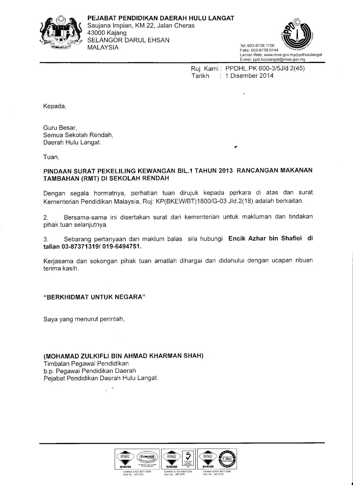 Pindaan Surat Pekeliling Kewangan Bil.1 Tahun 2013 Rancangan Makanan