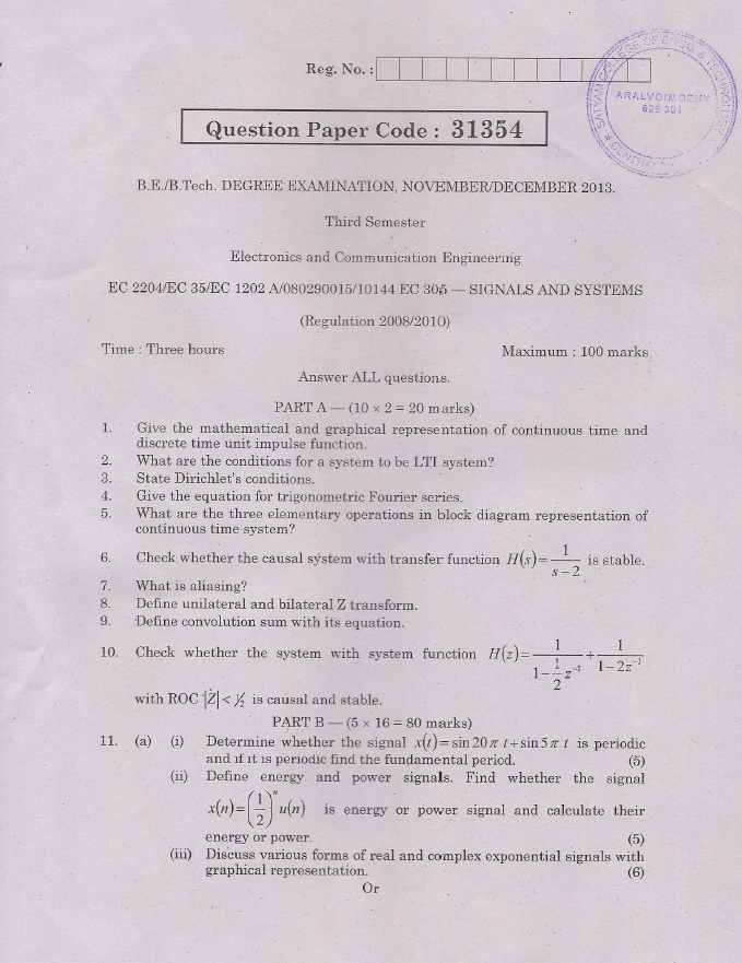 EC2204 Signals and Systems Nov Dec 2013 Question Paper University