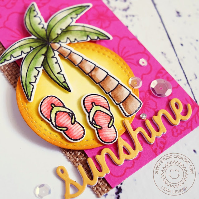 Sunny Studio Stamps: Palm Tree, Hibiscus Flower and Flip Flops card by Lexa Levana (using Tropical Paradise, Island Getaway and Sunshine Word die)