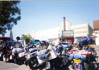 Harleys parked in front of movie theater in Garberville CA