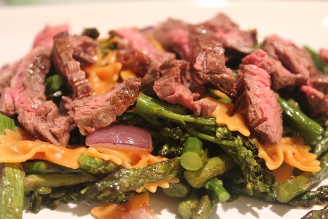 Steak and veggies with mini farfalle and balsamic glaze