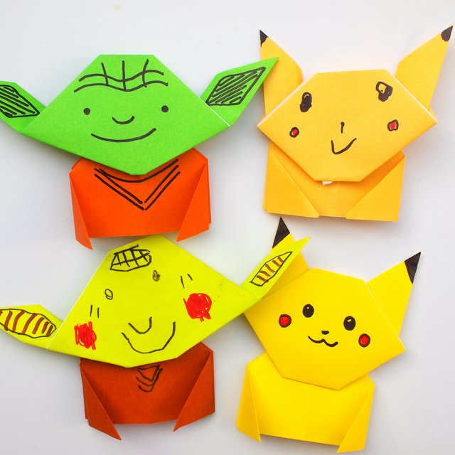 Instruction showing how to fold a super easy origami Yoda and Pikachu Tutorial- Great kids craft for all ages
