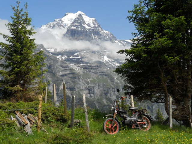 North Face Trail Mürren - motorcycle in front of mountain views