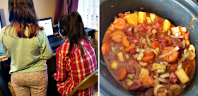 My two girls playing on the laptop and beef stew in the slow cooker