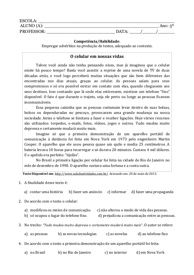 Rosearts- Atividades para imprimir: Texto: o celular em nossas vidas