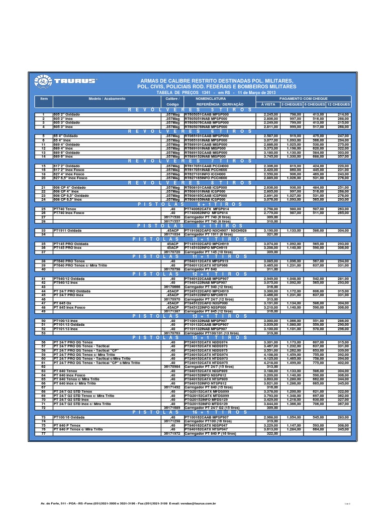taurus armas tabela de preços - wood scribd braxin
