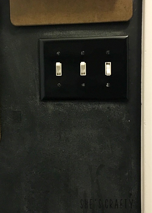 Chalkboard Wall Clipboard Command Center, spray painted light switch cover