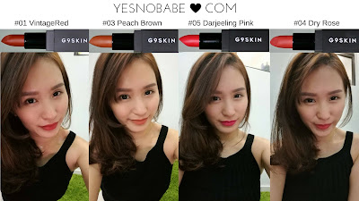 Four colors of G9Skin First Lipsticks and four photos with colors on lips by Stepheny Siew the Yesnobabe Blogger