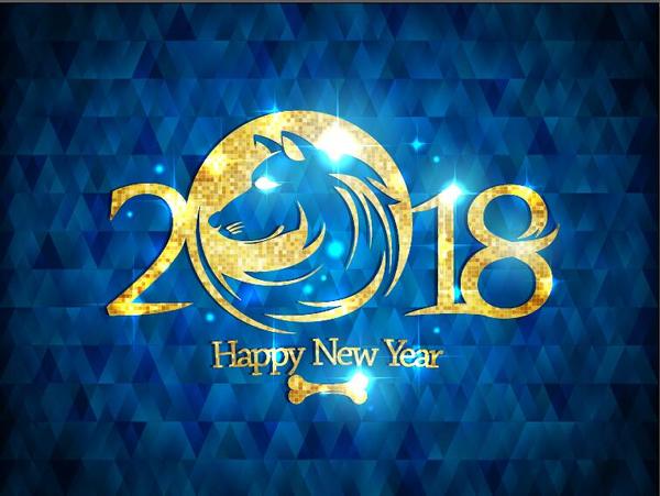new year 2018 with dog and blue background free vector
