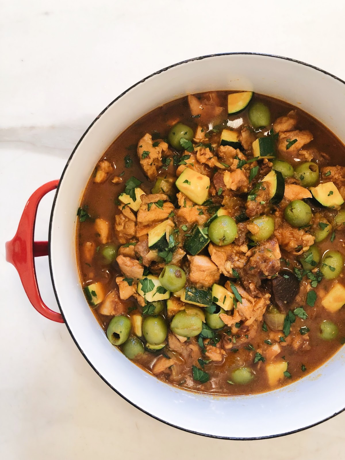 Moroccan Chicken Tagine with Zucchini, Apricots, Olives and Lemon