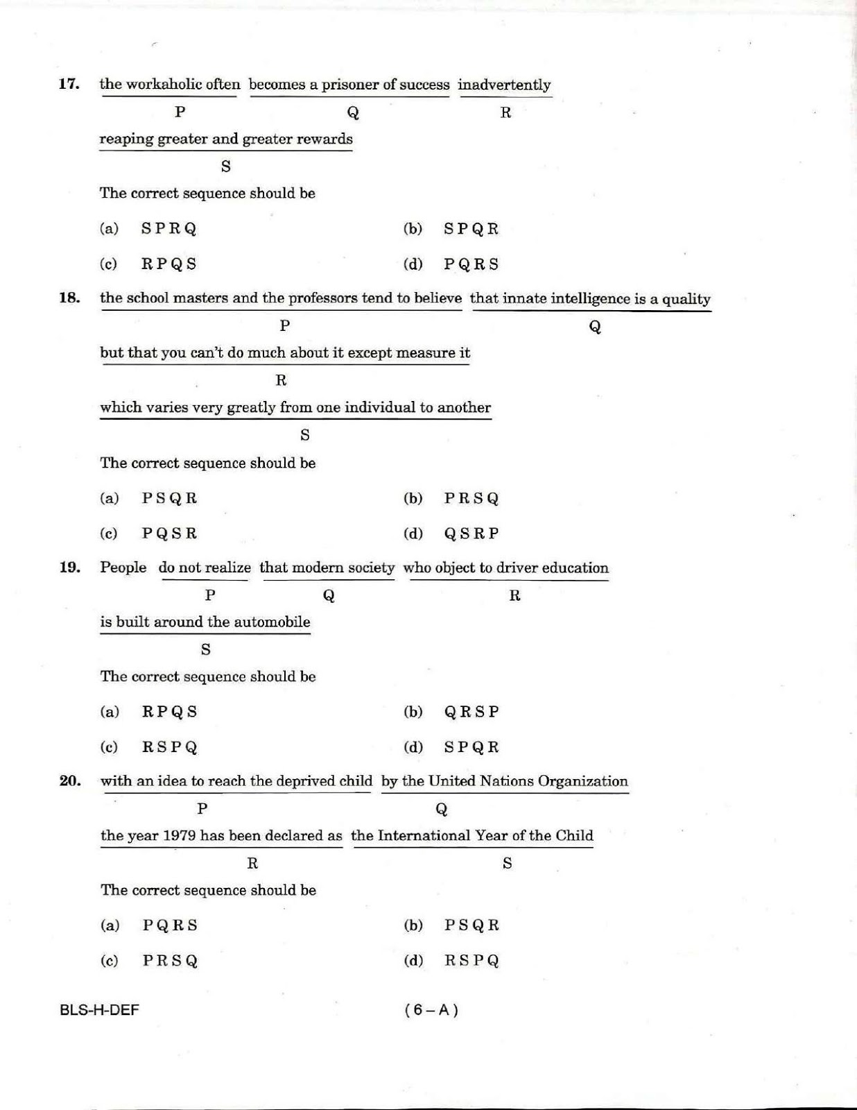 UPSC CDS I 2017 Entrance Exam English question paper UPSC CDS I 2017 English question paper