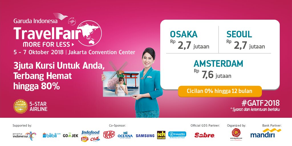 Garuda Indonesia - Promo Terbang Hemat s.d 80% di Travel Fair 2018 (05 - 07 Okt 2018) Garuda Indonesia - Promo Terbang Hemat s.d 80% di Travel Fair 2018 (05 - 07 Okt 2018)