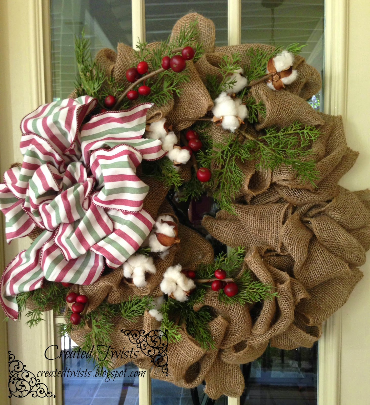 Created Twists: Burlap Christmas Wreath with Cotton, Pine and Berries