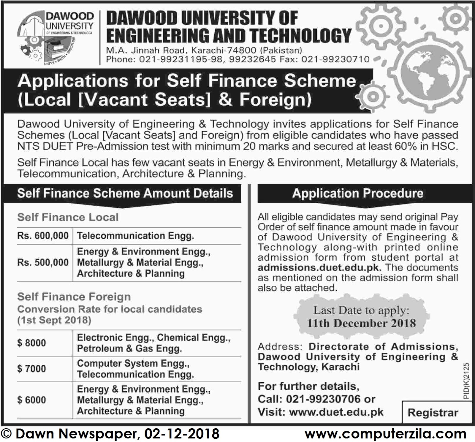 Admissions Open For Spring 2019 At DUET Karachi Campus