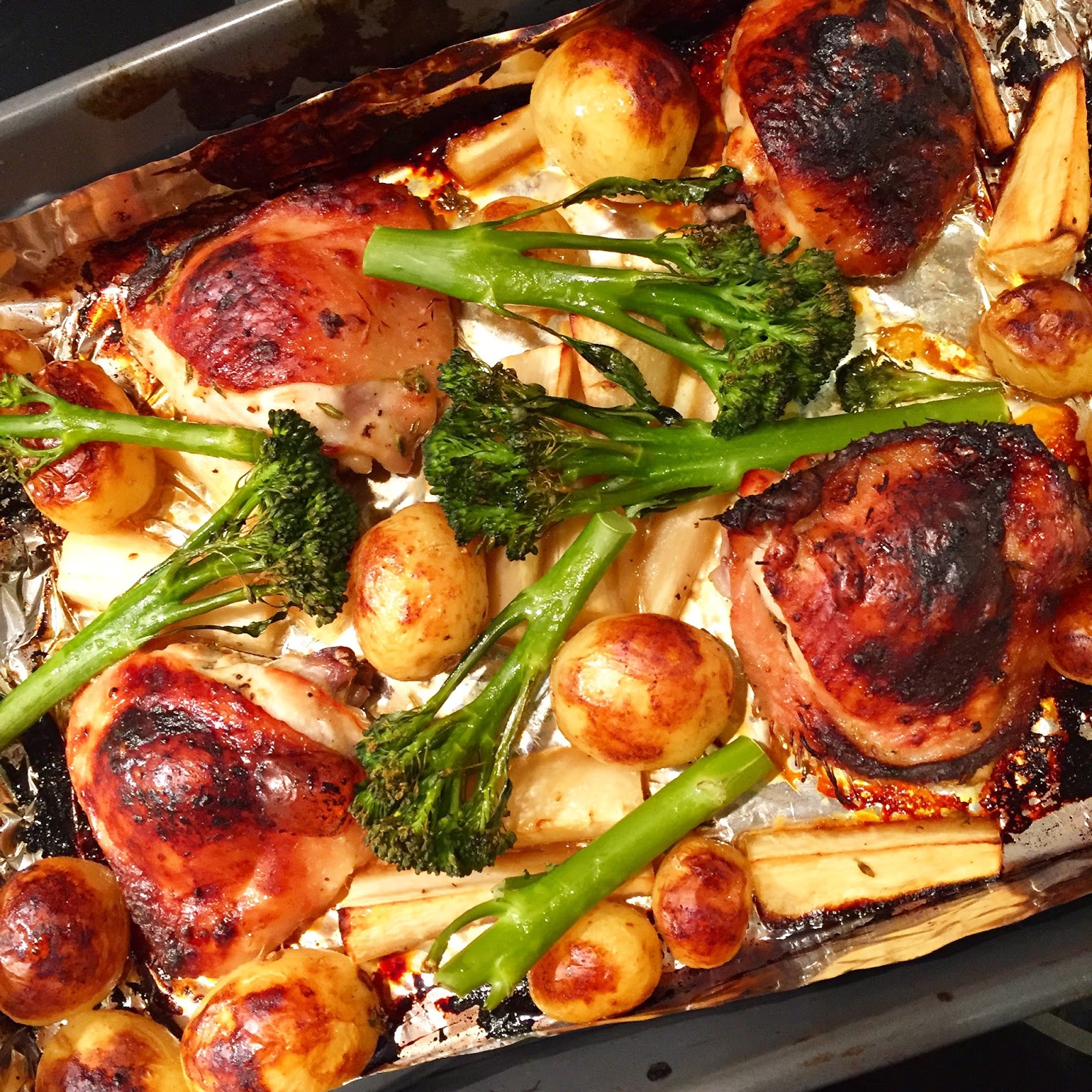Honey Mustard Chicken with New Potatoes, Parsnips and Tenderstem Broccoli