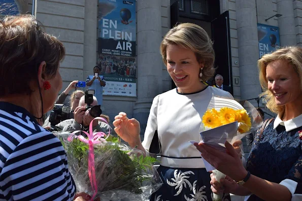 Queen Mathilde visited exhibition of the 'In the Open Air' at the Boverie Museum in Liege. Queen mathilde wore skirt, wore blouse, spring summer 2016 new style fashions