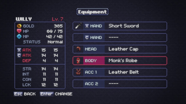 Chasm - the equipment menu