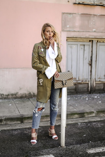 Blogger Style : Gucci Dionysus, Oversized Military, Used denim, off shoulder blouse