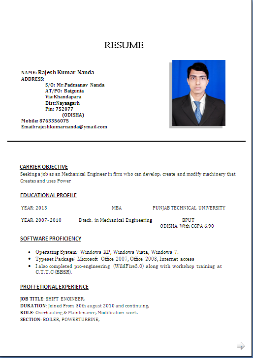 Mechanical engg resume format