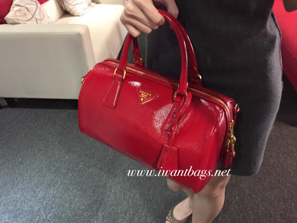 Prada BL0797 Saffiano Lux Patent Bowler Bag-Red  