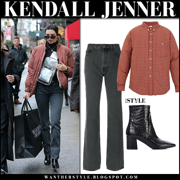 Kendall jenner in red plaid shirt jacket and grey jeans in New York on ...