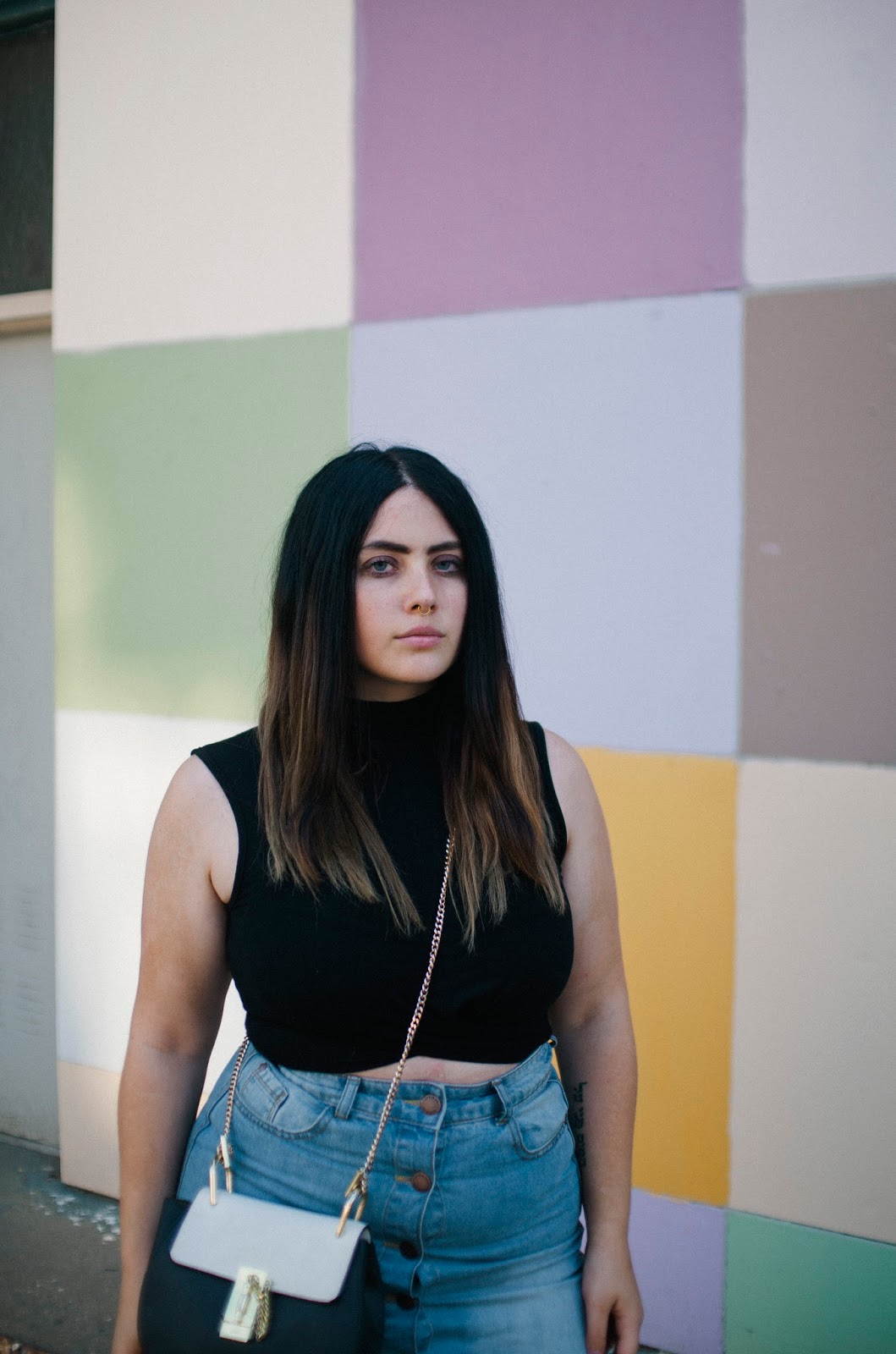 Philadelphia Fashion denim, skirt, crop, top, Chloe, Drew, black, white