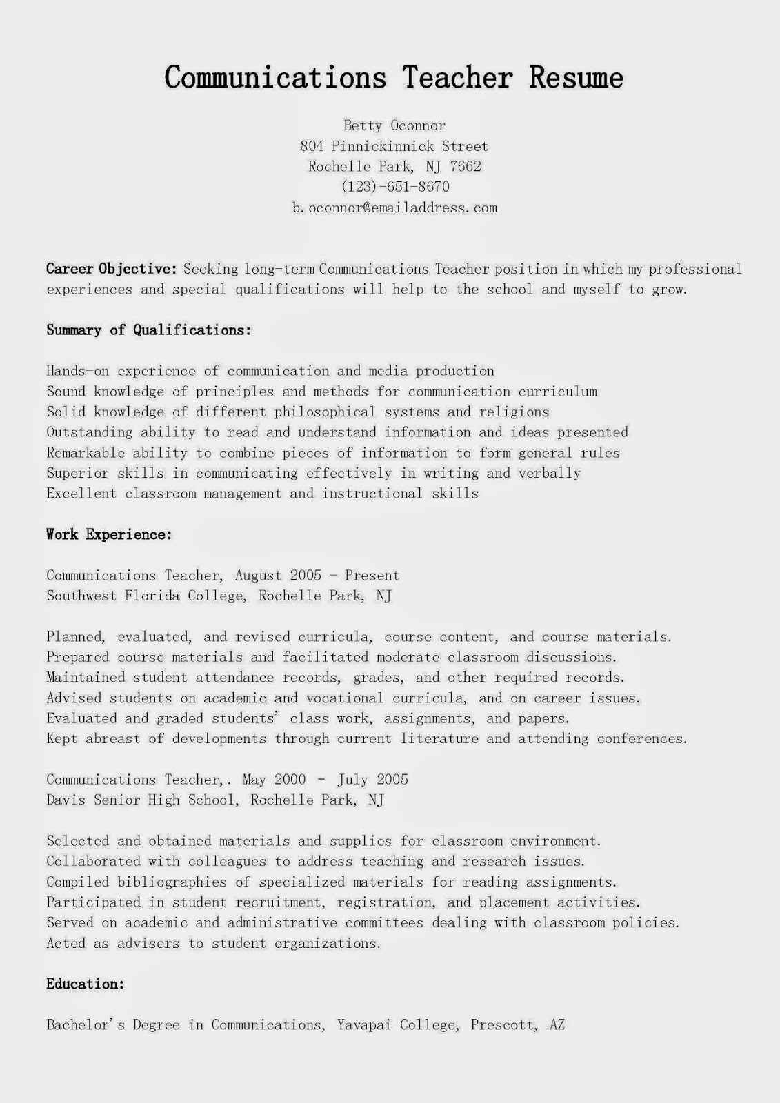 resume for teacher communication skills