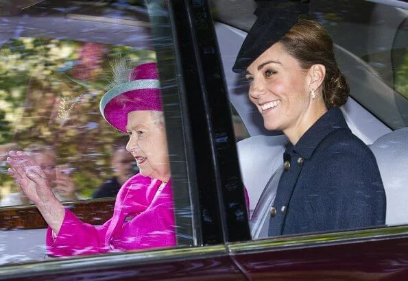 Kate Middleton, Duchess of Cambridge, wore Asprey Oak leaf earrings and Michael Kors print dress