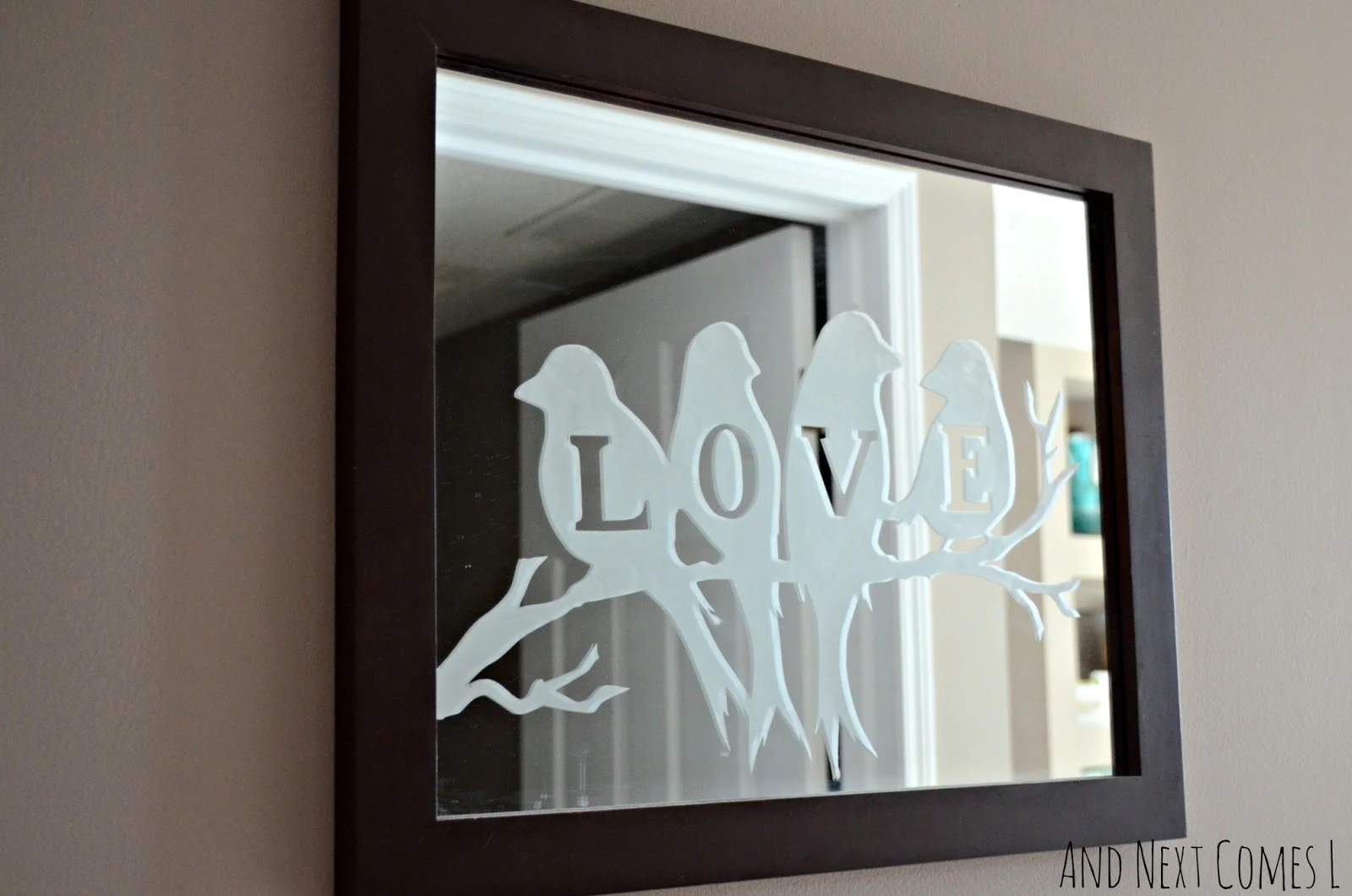 DIY lovebirds etched mirror from And Next Comes L