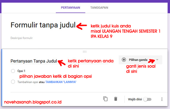 isi formulir dengan judul dan buat soal untuk membuat kuis online gratis cara membuat soal atau kuis online di google drive untuk ujian atau tes siswa sangat mudah. baca tutorial ini 7