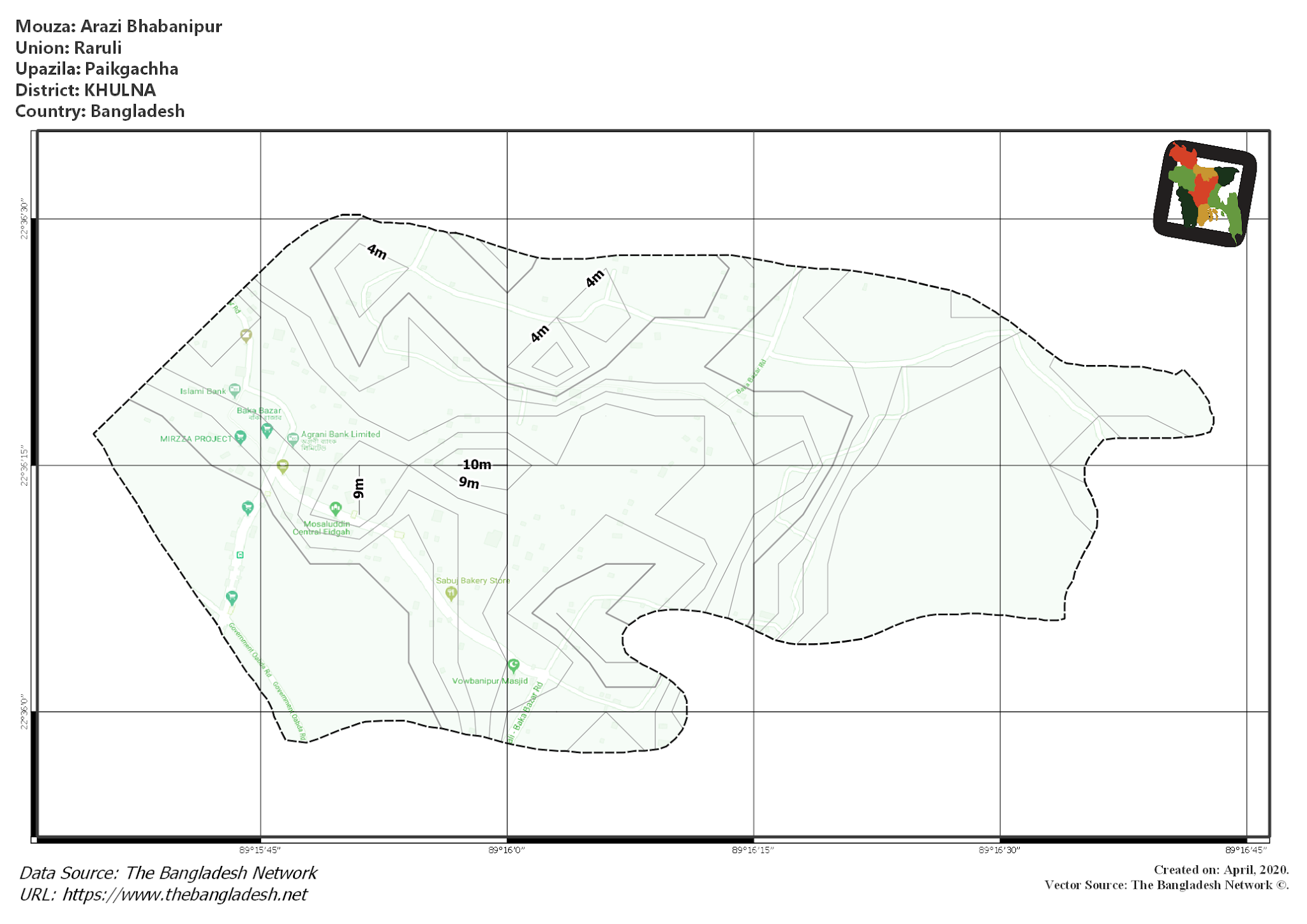 Map of Arazi Bhabanipur Mouza of Paikgachha Upazila, KHULNA, Bangladesh.